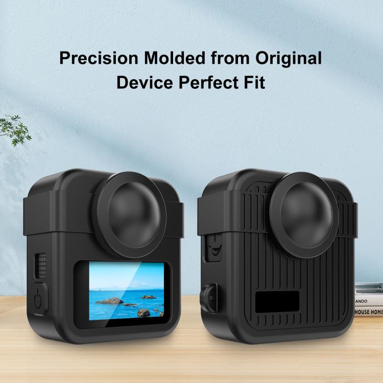 For GoPro MAX2 PULUZ Body Silicone Protective Case with Dual Lens Caps Cover & Strap  - Black