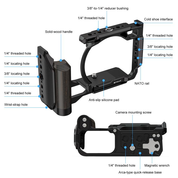 For Nikon ZR PULUZ Wood Handle Metal Camera Cage Expansion Frame  - Black