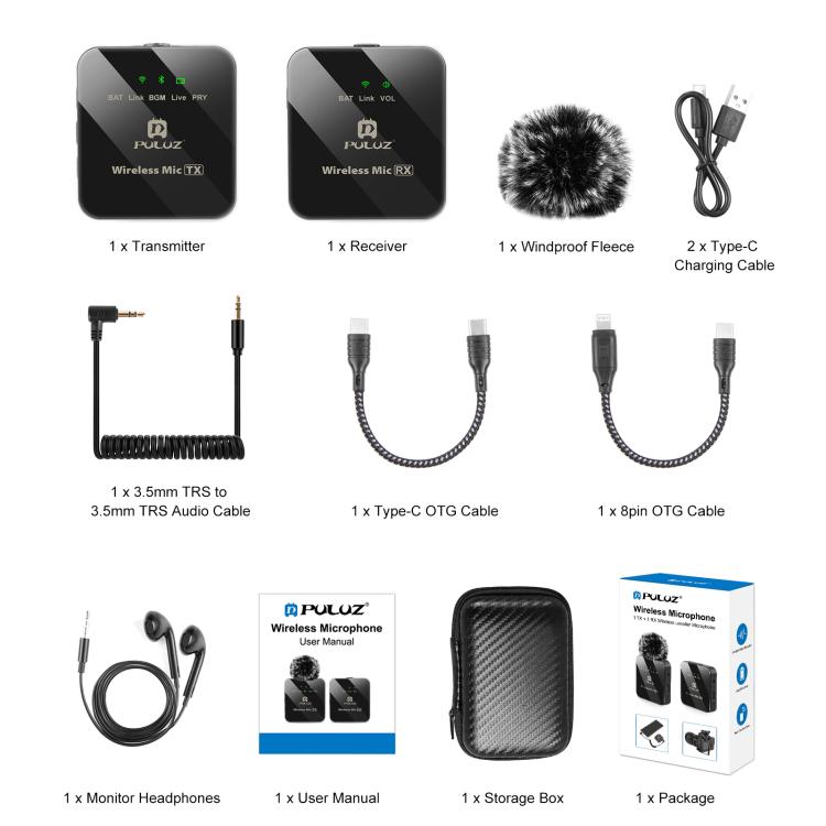 PULUZ 1 TX + 1 RX Wireless Lavalier Microphone  - Black