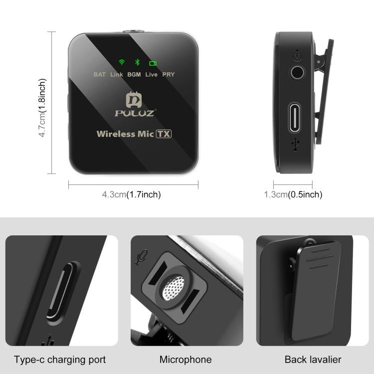 PULUZ 1 TX + 1 RX Wireless Lavalier Microphone  - Black