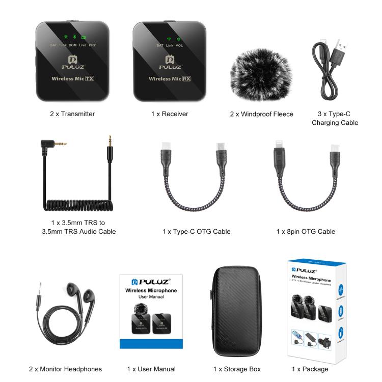 PULUZ 2 TX + 1 RX Wireless Lavalier Microphone  - Black