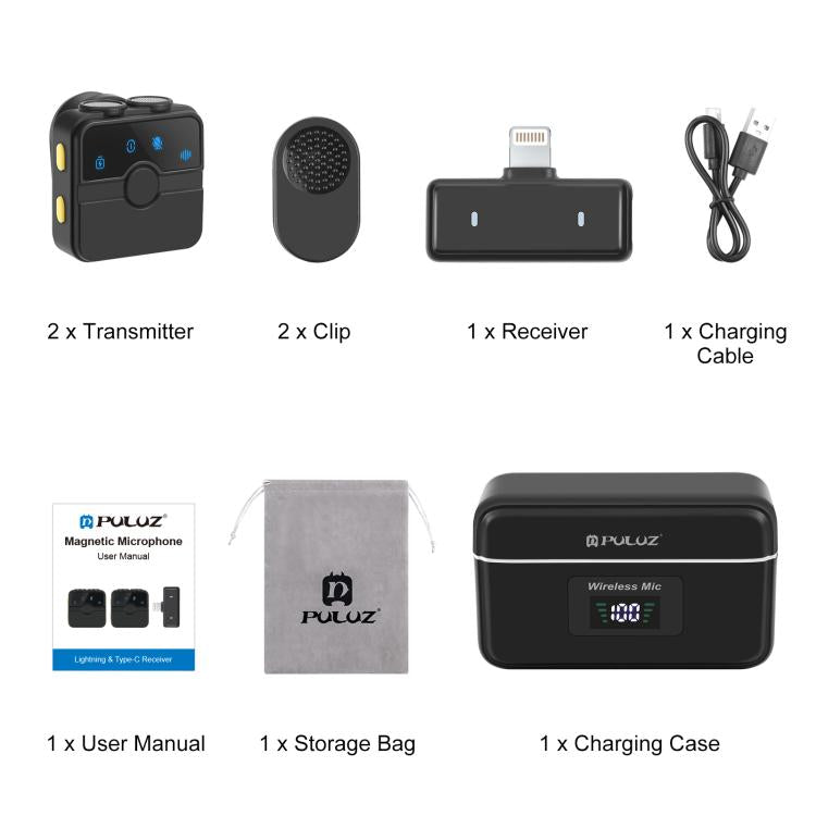 PULUZ SmartLink WS300 Magnetic Lavalier Wireless Microphone with Charging Case Box, 8 Pin RX Receiver and 2 TX Microphones  - Black