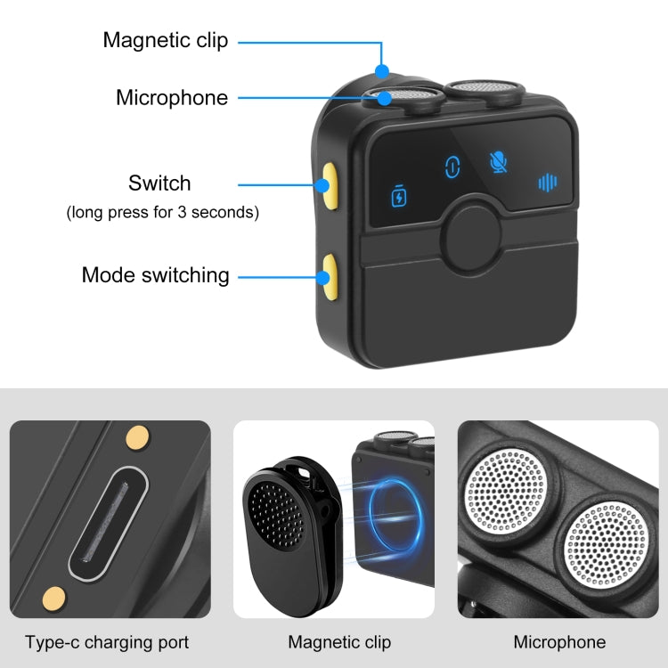 PULUZ SmartLink WS300 Magnetic Lavalier Wireless Microphone with Charging Case Box, 8 Pin RX Receiver and 2 TX Microphones  - Black