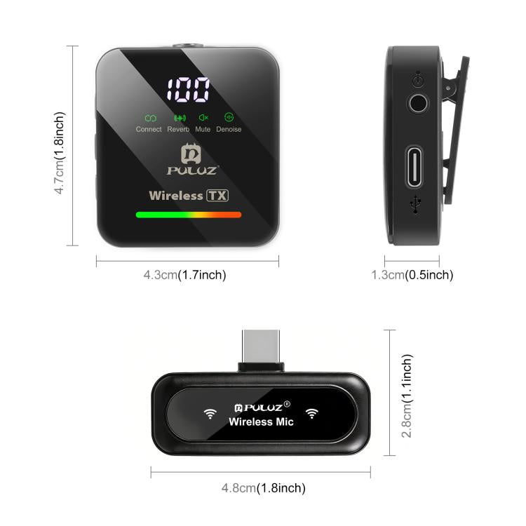 PULUZ Wireless Lavalier Microphone for Type-C Phone, Type-C Receiver and 4 x Microphones  - Black