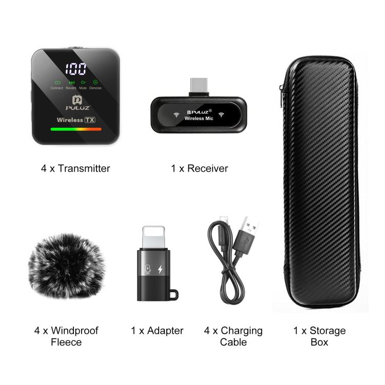 PULUZ Wireless Lavalier Microphone for Type-C Phone, Type-C Receiver and 4 x Microphones  - Black