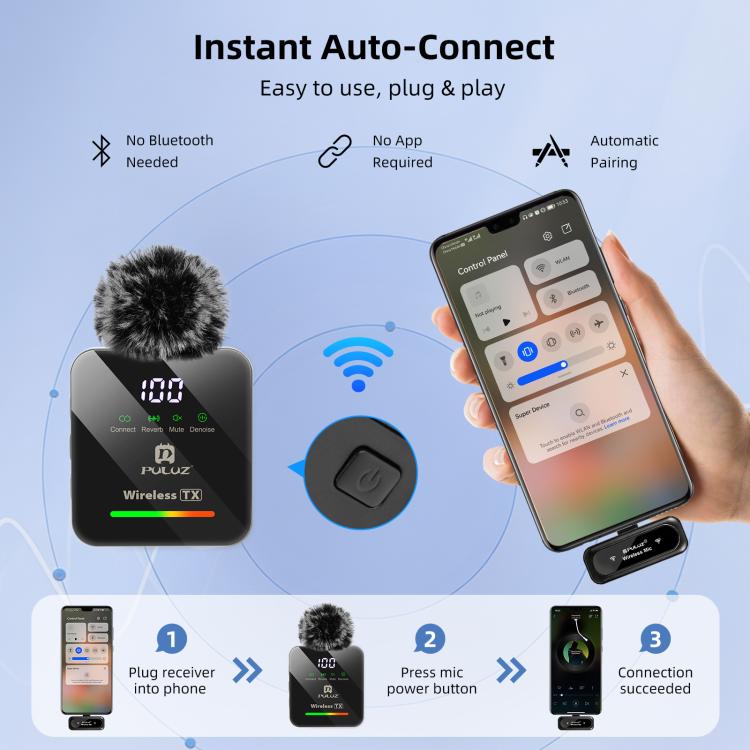PULUZ Wireless Lavalier Microphone for Type-C Phone, Type-C Receiver and 4 x Microphones  - Black