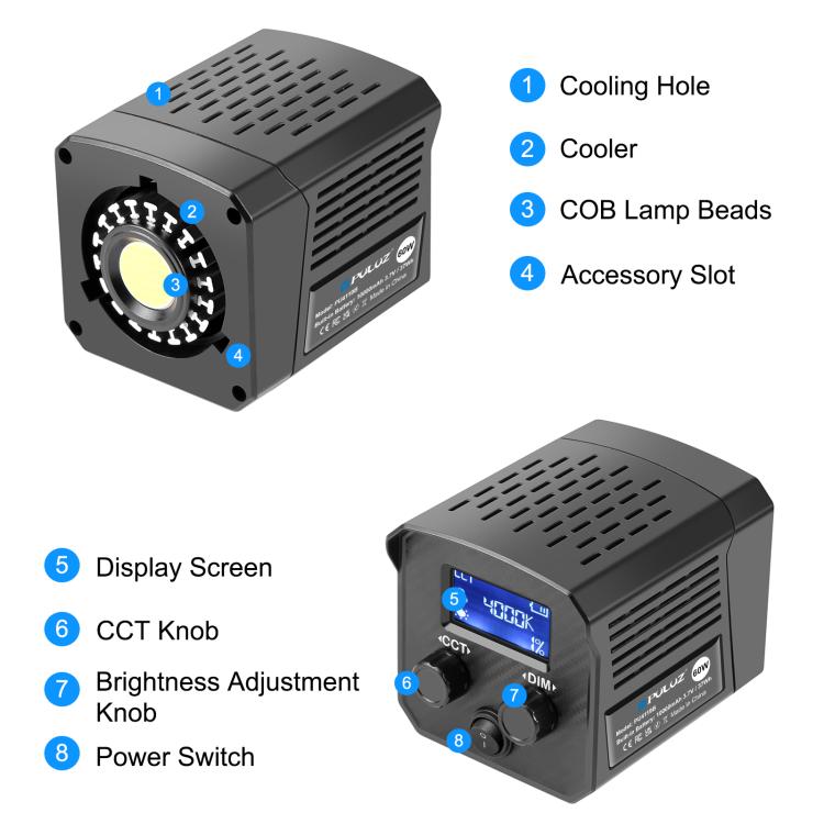 PULUZ 60W Studio Video Light 2500K-6500K Dual Color Temperature Professional Photography Fill Light  - Black