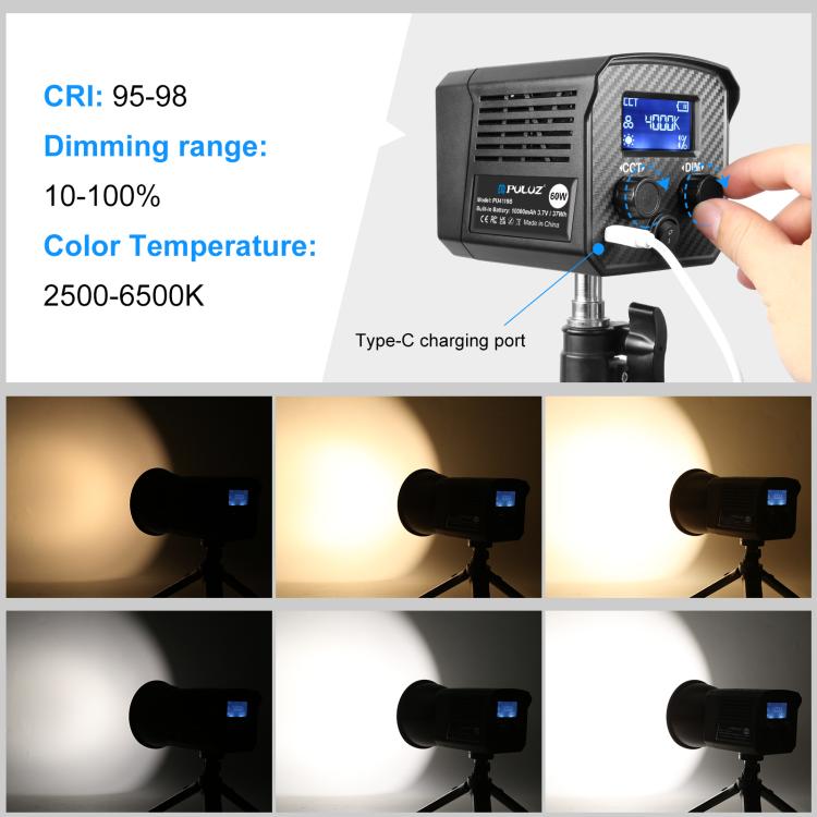 PULUZ 60W Studio Video Light 2500K-6500K Dual Color Temperature Professional Photography Fill Light  - Black