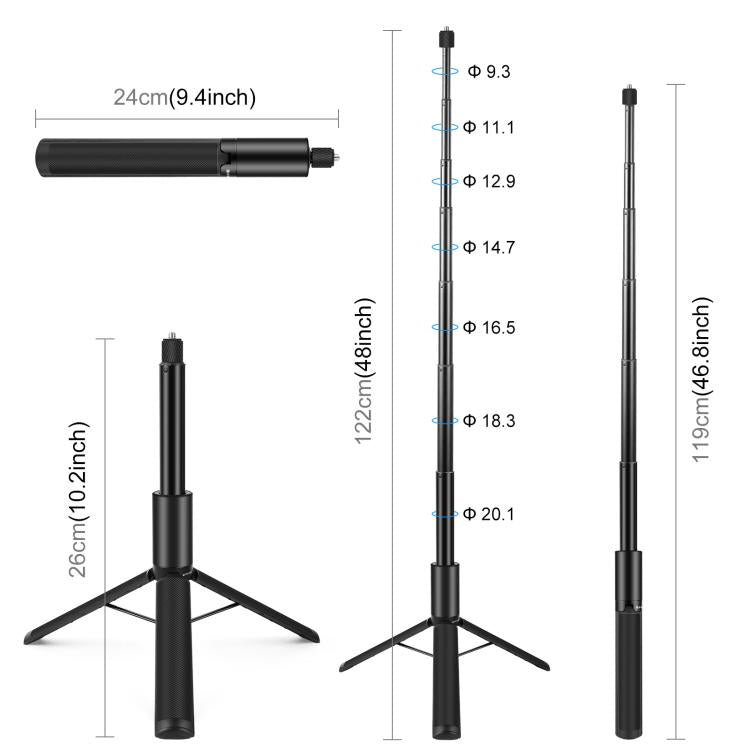 PULUZ 1.22m Retractable Invisible Selfie Stick with Tripod For Insta360 X4 / X4 Air / X3  - Black