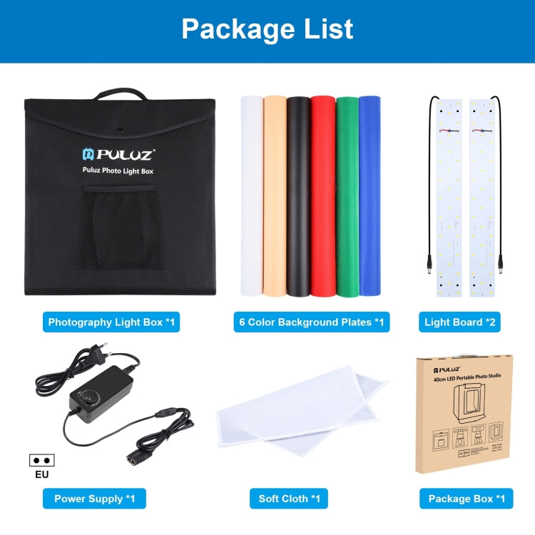 PULUZ 40cm Folding Portable White Light Dimmable Photo Lighting Studio Shooting Tent Box Kit with 6 Colors  - Black, Orange, White, Red, Green, Blue Backdrops