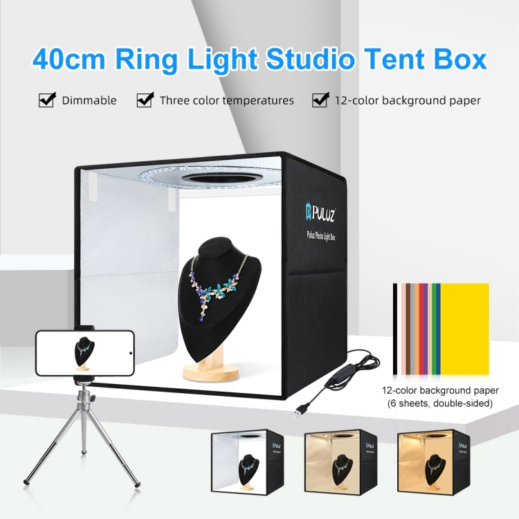 PULUZ 40cm Folding Portable Ring Light USB Photo Lighting Studio Shooting Tent Box with 6 x Dual-side Color Backdrops, Size: 40cm x 40cm x 40cm  - Black