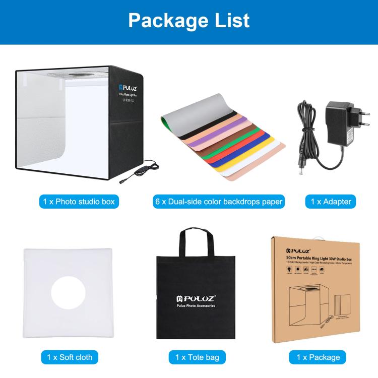 PULUZ 50cm Folding Portable Ring Light Photo Lighting Studio Shooting Tent Box with 6 x Dual-Side Backdrops, Size: 50cm x 50cm x 50cm