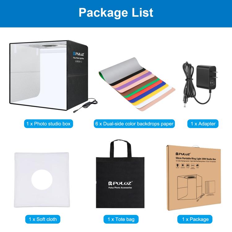 PULUZ 50cm Folding Portable Ring Light Photo Lighting Studio Shooting Tent Box with 6 x Dual-Side Backdrops, Size: 50cm x 50cm x 50cm