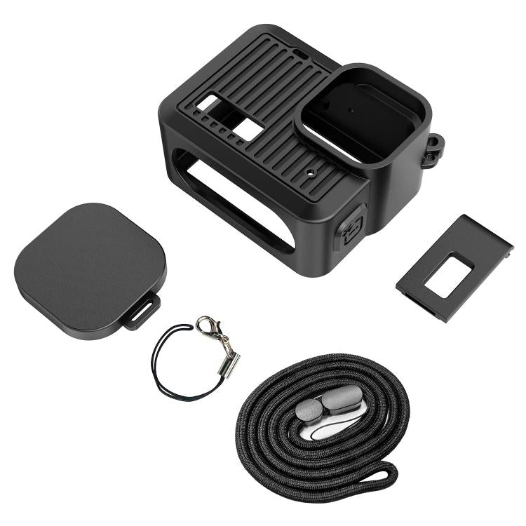 For GoPro HERO 4K 2024 PULUZ Silicone Protective Case Side Interface Cover with Wrist Strap & Lens Cover  - Black