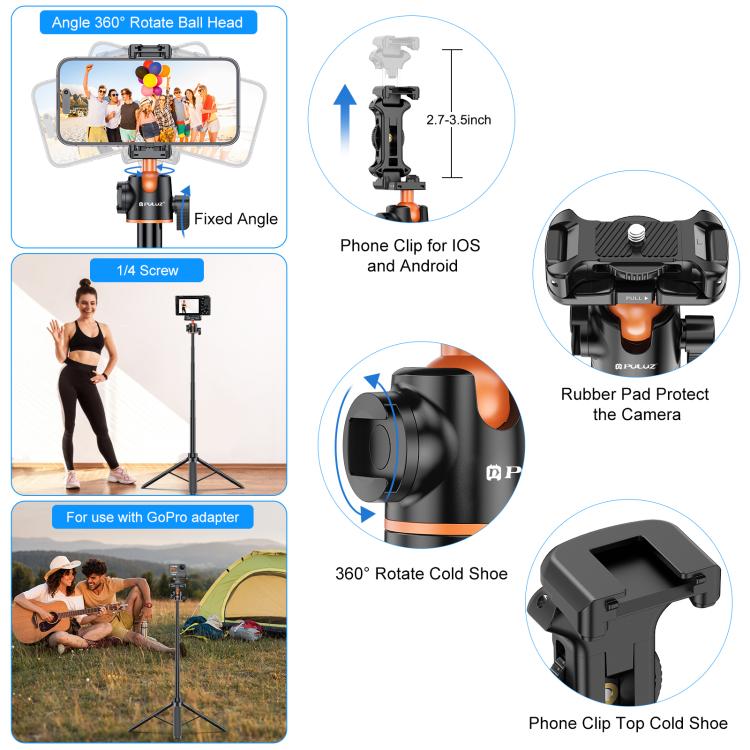PULUZ 1.4m Phone Selfie Stick Tripod Vlog Live Streaming Holder with Phone Clip  - Black