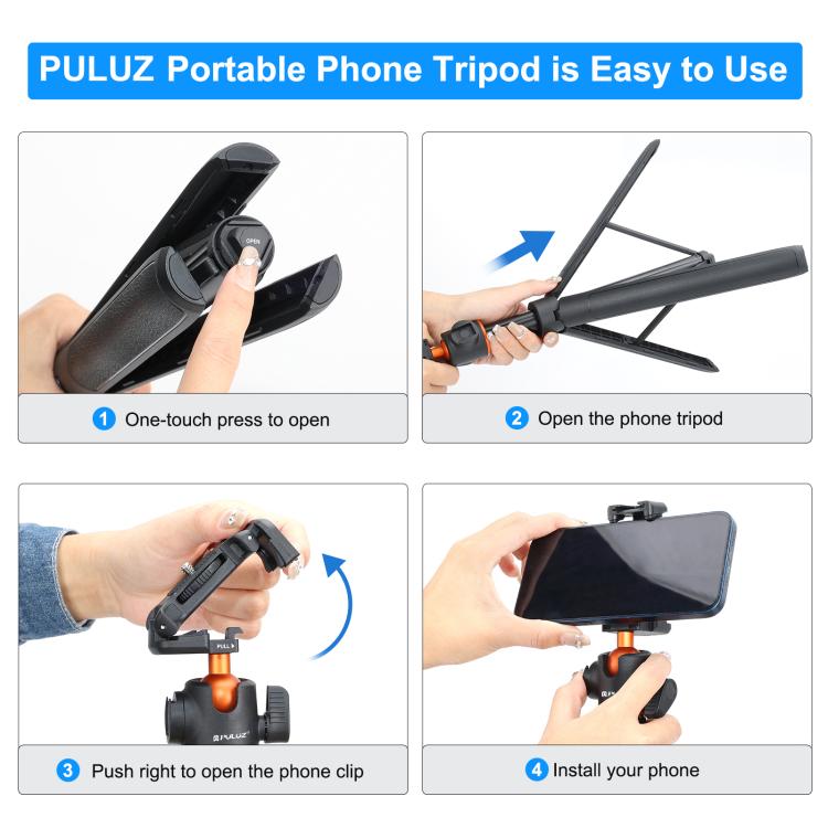 PULUZ 1.4m Phone Selfie Stick Tripod Vlog Live Streaming Holder with Phone Clip  - Black
