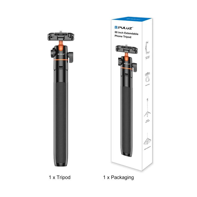 PULUZ 1.4m Phone Selfie Stick Tripod Vlog Live Streaming Holder with Phone Clip  - Black