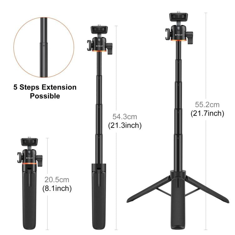 [US Warehouse] PULUZ Mini Phone Camera Extension Tripod Stand 360 Degree Ball Head Cold Shoe Selfie Stick  - Black
