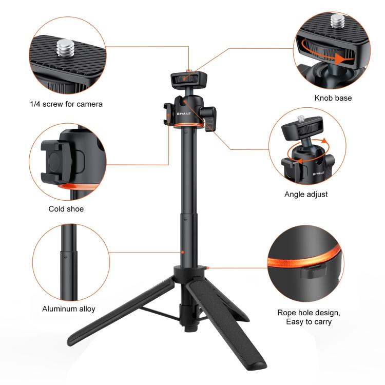 PULUZ Mini Phone Camera Extension Tripod Stand 360 Degree Ball Head Cold Shoe Selfie Stick  - Black