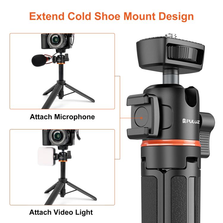 PULUZ Mini Phone Camera Extension Tripod Stand 360 Degree Ball Head Cold Shoe Selfie Stick  - Black