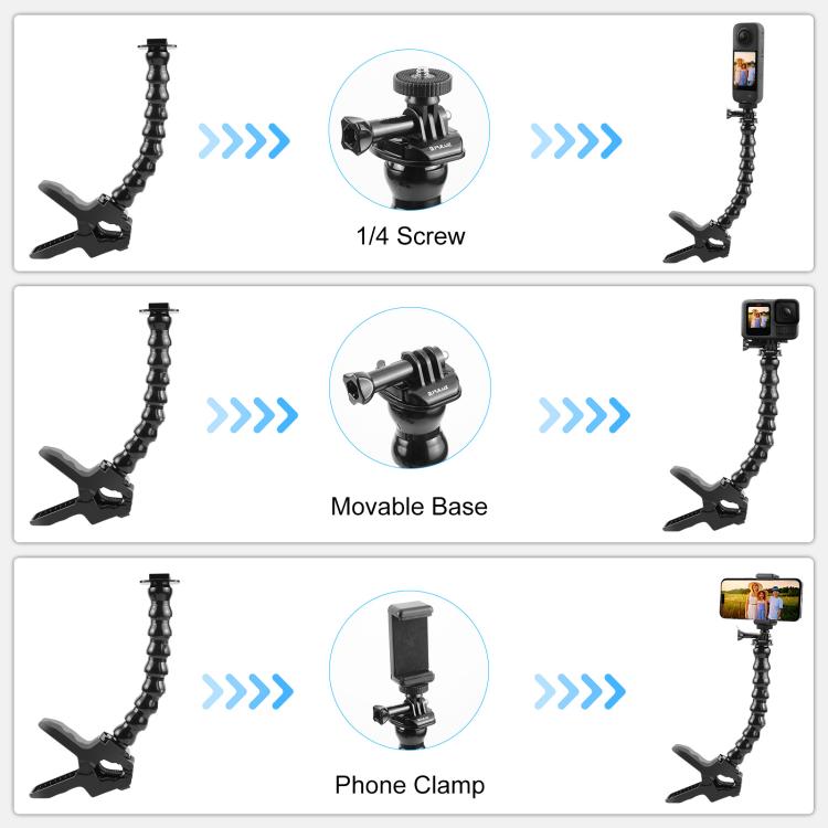 PULUZ Action Sports Cameras Jaws Flex Clamp Mount with Phone Clamp  - Black
