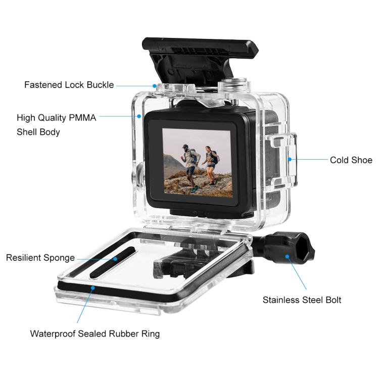 For GoPro HERO 4K 2024 PULUZ 60m / 196ft Waterproof Housing Protective Case with Buckle Basic Mount & Screw  - Transparent