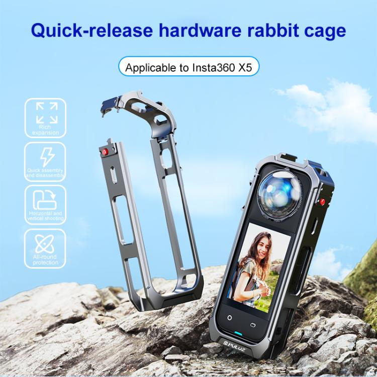 For Insta360 X5 PULUZ Aluminum Alloy Protective Cage Rig Expand Cold Shoe Housing Frame  - Grey
