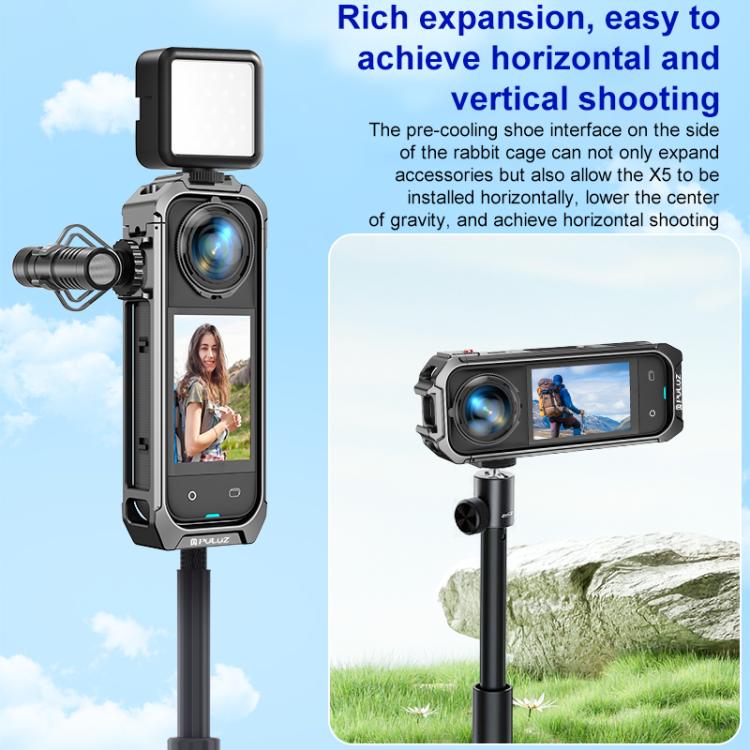 For Insta360 X5 PULUZ Aluminum Alloy Protective Cage Rig Expand Cold Shoe Housing Frame  - Grey