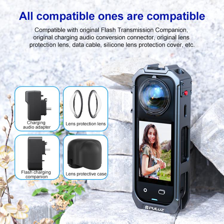 For Insta360 X5 PULUZ Aluminum Alloy Protective Cage Rig Expand Cold Shoe Housing Frame  - Grey