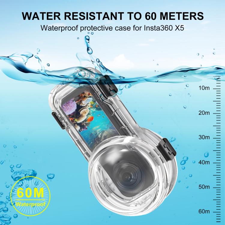 For Insta360 X5 PULUZ Quick Release 60m Waterproof Sealed Diving Case  - Transparent