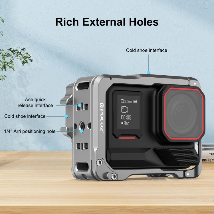 For Insta360 Ace Pro 2 PULUZ Aluminum Alloy Protective Cage Rig Dual Cold Shoe Housing Frame  - Silver