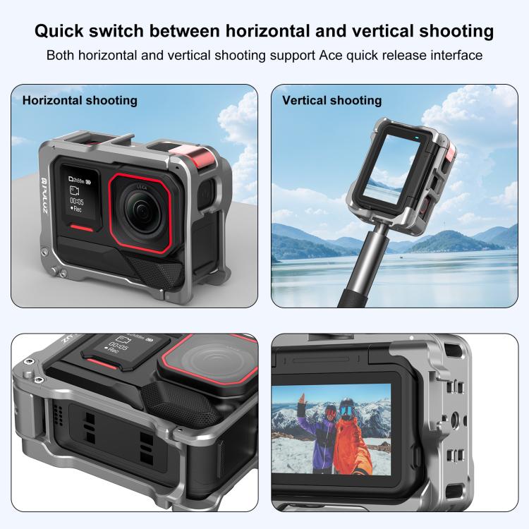 For Insta360 Ace Pro 2 PULUZ Aluminum Alloy Protective Cage Rig Dual Cold Shoe Housing Frame  - Silver