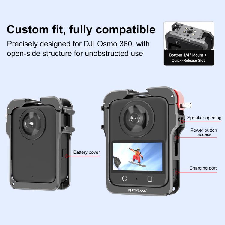 For DJI Osmo 360 PULUZ Aluminum Alloy Protective Cage Expansion Frame with Lens Cover  - Black