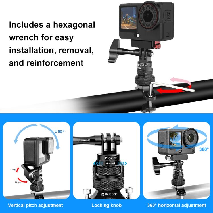 PULUZ 360 Degree Rotation MotorBike Aluminum Mount Handlebar Adapter with Screw for GoPro, Insta360, DJI and Other Action Cameras  - Black