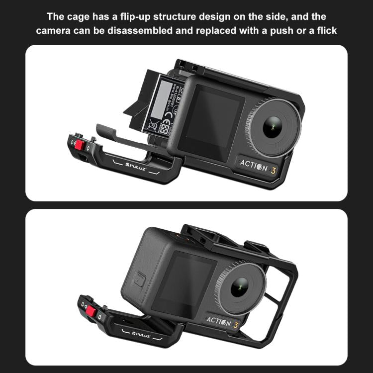 For DJI Osmo Action 5 Pro / 4 / 3 PULUZ All-inclusive Aluminum Alloy Cage Expansion Adapter Frame with Lens Cover  - Black