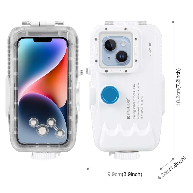 [US Warehouse] PULUZ 40m/130ft Waterproof Diving Case for iPhone 16 / 15 / 15 Pro / 14 / 14 Pro / 13 / 13 Pro / 12 / 12 Pro, with One-way Valve Photo Video Taking Underwater Housing Cover