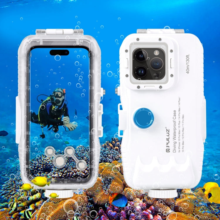 PULUZ 40m/130ft Waterproof Diving Case for iPhone 14 Plus / 14 Pro Max / 13 Pro Max / 12 Pro Max / 11 Pro Max, with One-way Valve Photo Video Taking Underwater Housing Cover(White)