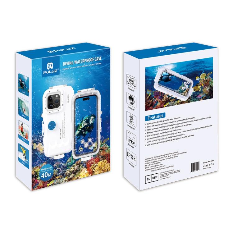 [US Warehouse] PULUZ 40m/130ft Waterproof Diving Case for iPhone 15 Pro Max / 15 Plus / 14 Plus / 14 Pro Max / 13 Pro Max / 12 Pro Max / 11 Pro Max, with One-way Valve Photo Video Taking Underwater Housing Cover