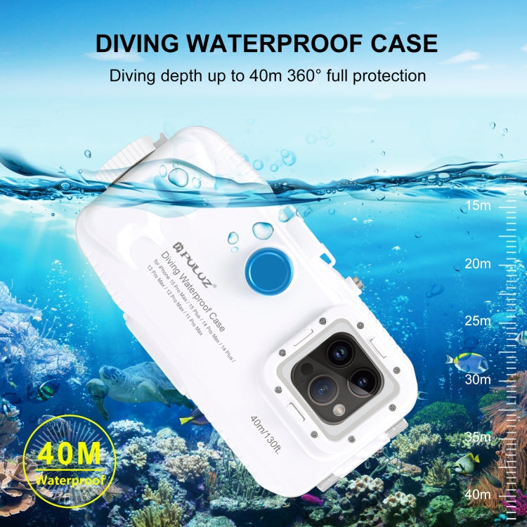 PULUZ 40m/130ft Waterproof Diving Case for iPhone 14 Plus / 14 Pro Max / 13 Pro Max / 12 Pro Max / 11 Pro Max, with One-way Valve Photo Video Taking Underwater Housing Cover(White)