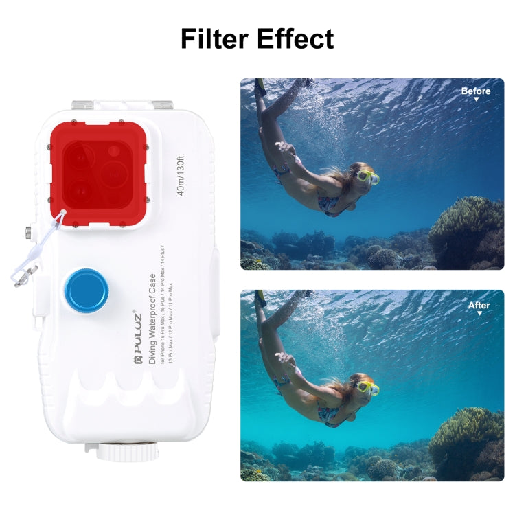 PULUZ 40m/130ft Waterproof Diving Case for iPhone 14 Plus / 14 Pro Max / 13 Pro Max / 12 Pro Max / 11 Pro Max, with One-way Valve Photo Video Taking Underwater Housing Cover(White)