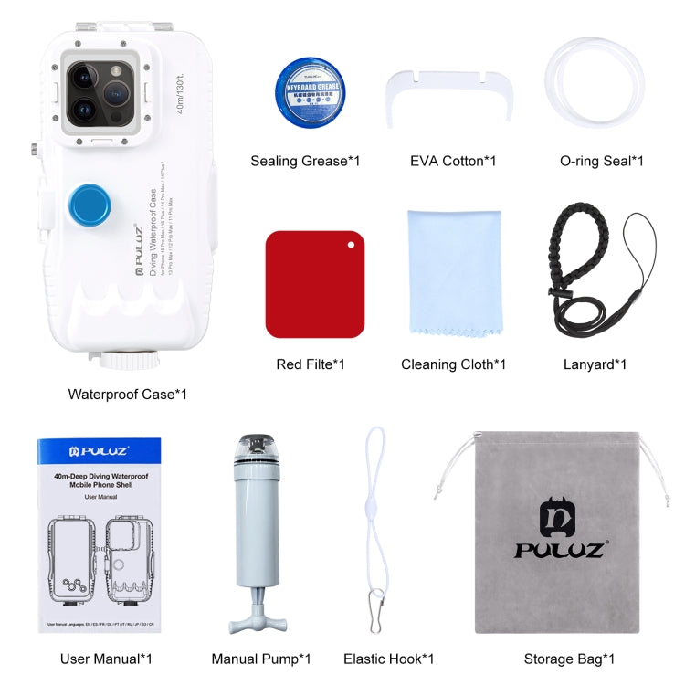 PULUZ 40m/130ft Waterproof Diving Case for iPhone 14 Plus / 14 Pro Max / 13 Pro Max / 12 Pro Max / 11 Pro Max, with One-way Valve Photo Video Taking Underwater Housing Cover(White)