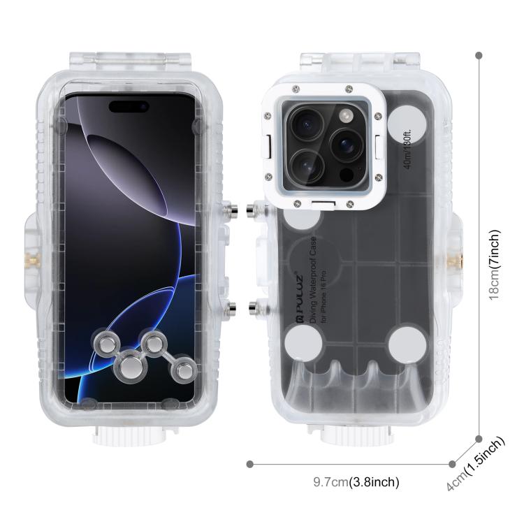 For iPhone 16 Pro PULUZ 40m/130ft Waterproof Diving Case Photo Video Taking Underwater Housing Cover  - Transparent