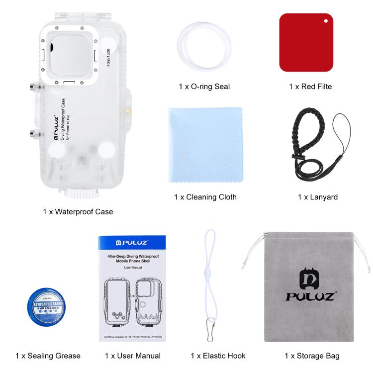 For iPhone 16 Pro PULUZ 40m/130ft Waterproof Diving Case Photo Video Taking Underwater Housing Cover  - Transparent