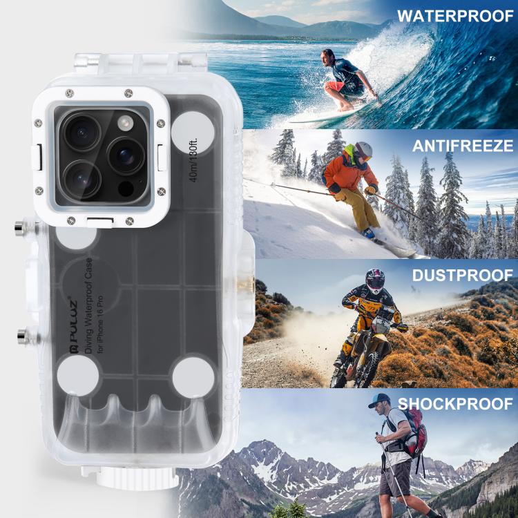 For iPhone 16 Pro PULUZ 40m/130ft Waterproof Diving Case Photo Video Taking Underwater Housing Cover  - Transparent