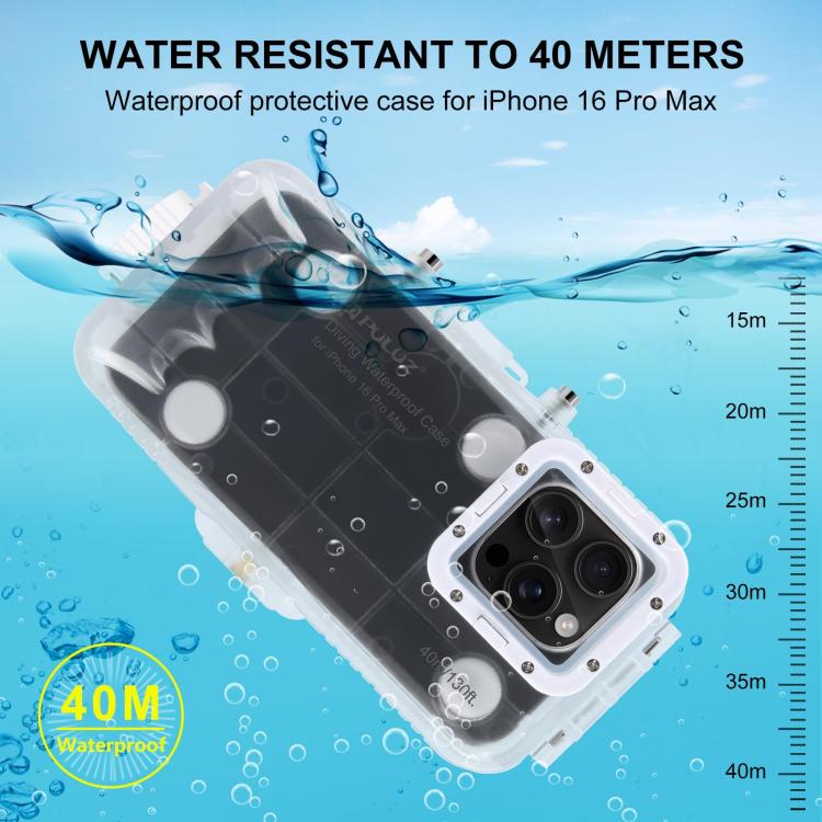 [US Warehouse] For iPhone 16 Pro Max PULUZ 40m/130ft Waterproof Diving Case Photo Video Taking Underwater Housing Cover