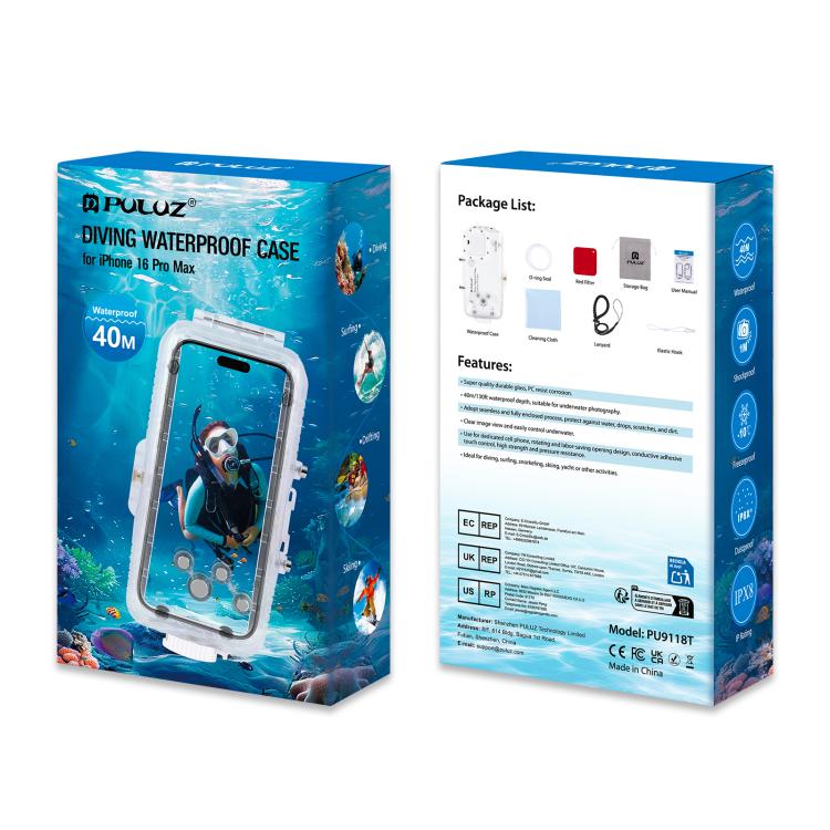 For iPhone 16 Pro Max PULUZ 40m/130ft Waterproof Diving Case Photo Video Taking Underwater Housing Cover