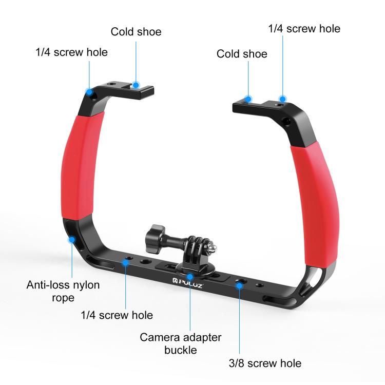 [US Warehouse] PULUZ Dual Silicone Handles Aluminium Alloy Underwater Diving Rig for GoPro, DJI OSMO Action, Insta360 and Other Action Cameras