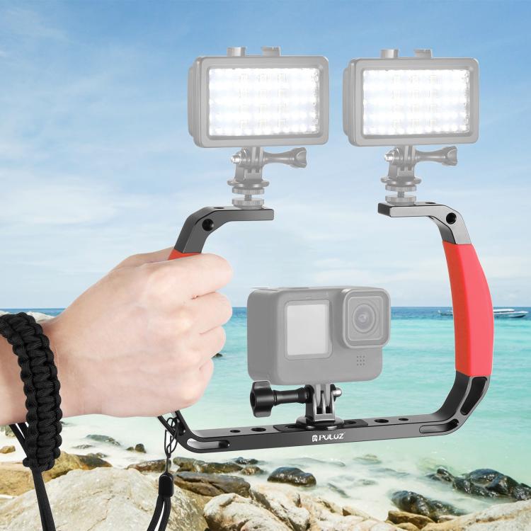[US Warehouse] PULUZ Dual Silicone Handles Aluminium Alloy Underwater Diving Rig for GoPro, DJI OSMO Action, Insta360 and Other Action Cameras