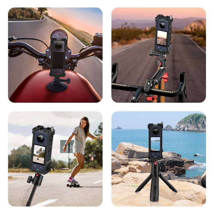 For Insta360 X4 PULUZ Metal Protective Cage Rig Housing Frame with Expand Cold Shoe Base & Tripod Adapter  - Black