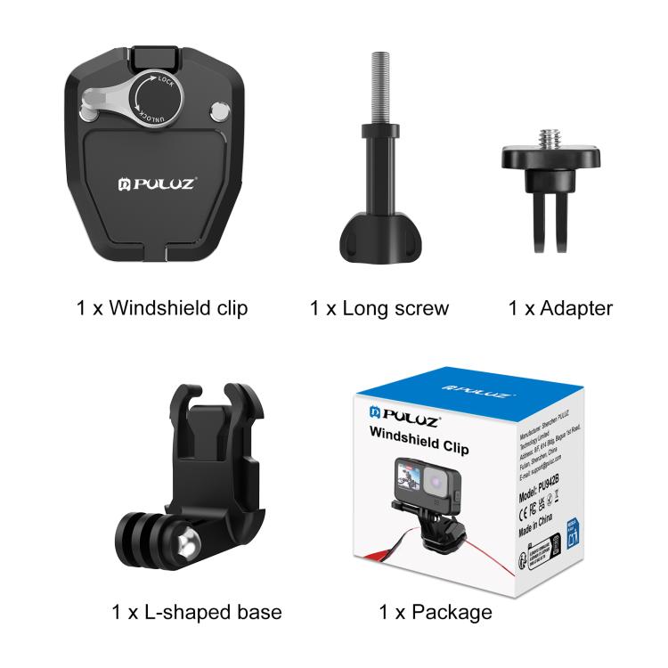 PULUZ Motorcycle Windshield Action Camera Mount Clip for GoPro Hero12 Black / DJI Osmo Action 4 / Insta360 X4 / Ace Pro and Other Action Cameras  - Black
